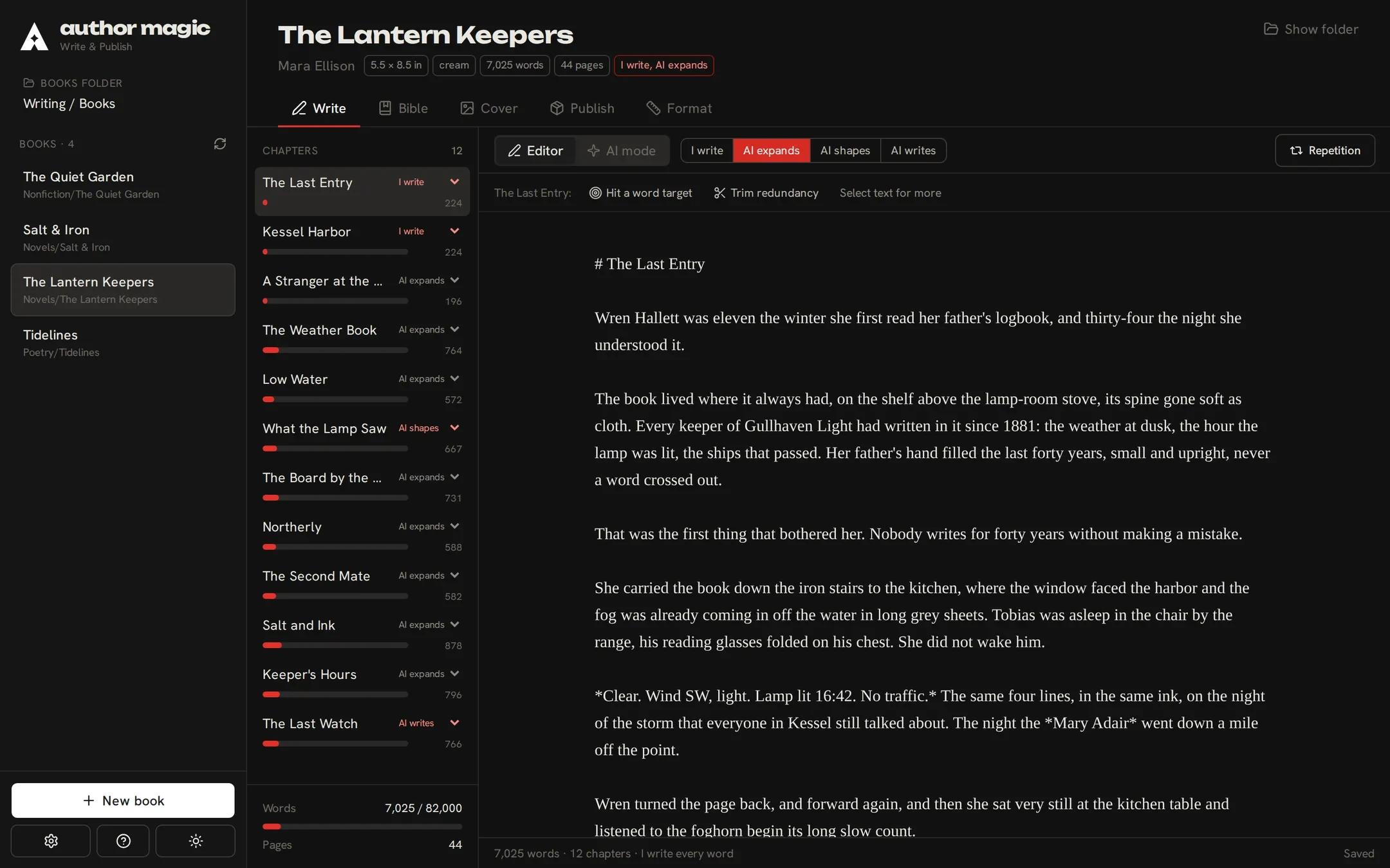 Author Magic in dark mode, editing a chapter