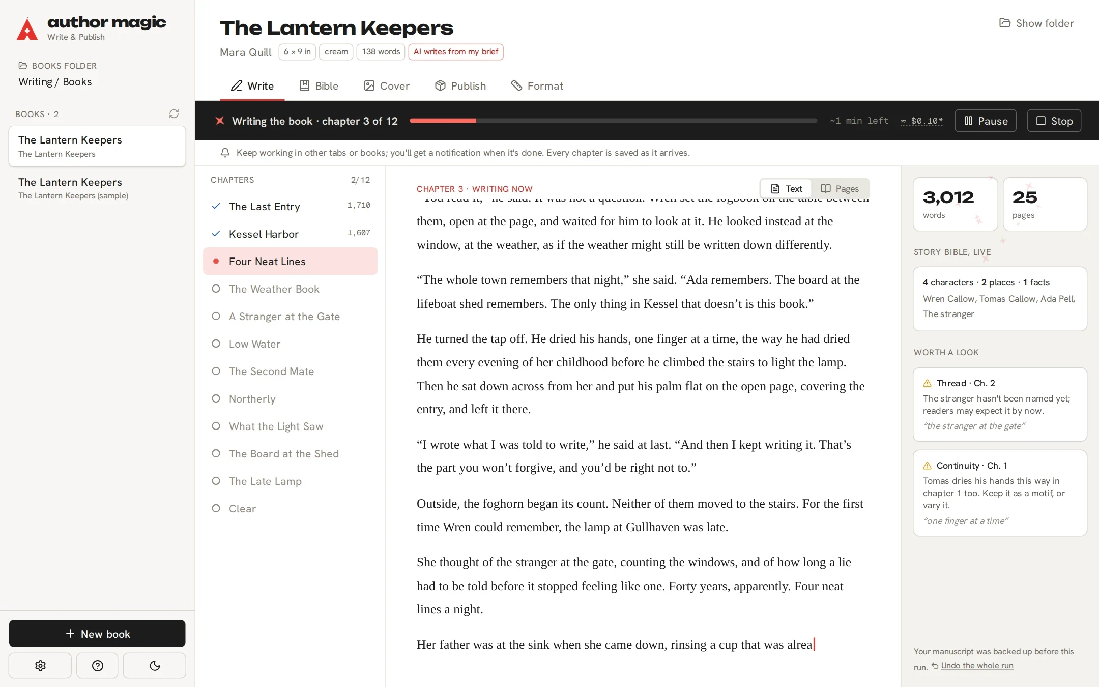 Writing the book in the background: streamed text, chapters ticking off, the live story bible and notes